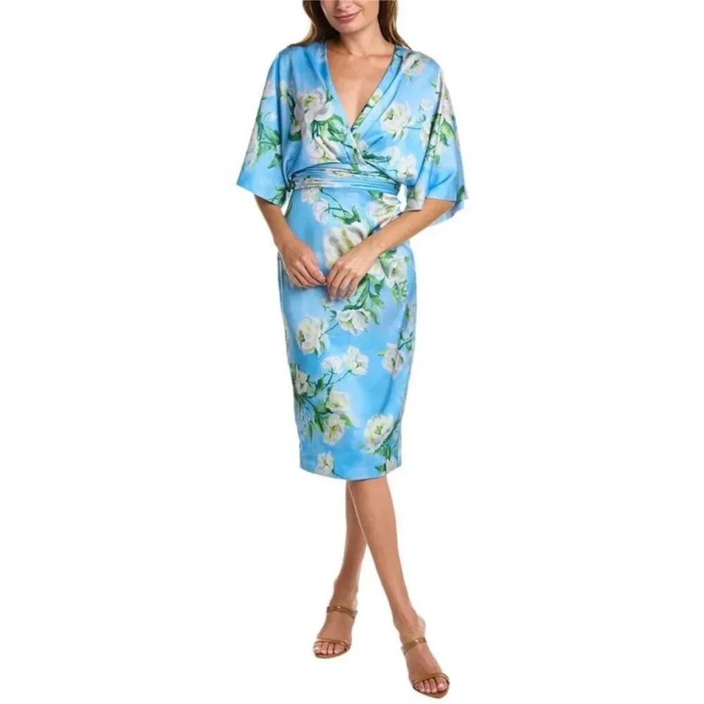 NWT Theia Women's Blue Floral Kimono Sleeve Liana Sheath Dress $645